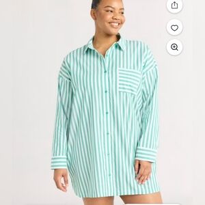 Joyspun Women's Green White Cabana Striped Sleep Shirt Swim Cover Up Pockets 3X
